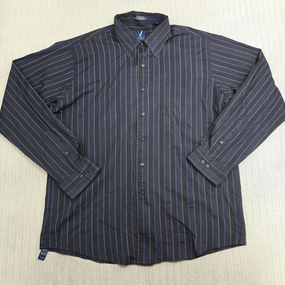 Van Heusen Shirt Mens XL 17-17.5 36/37 Blue Black Striped Modern Fit Long Sleeve